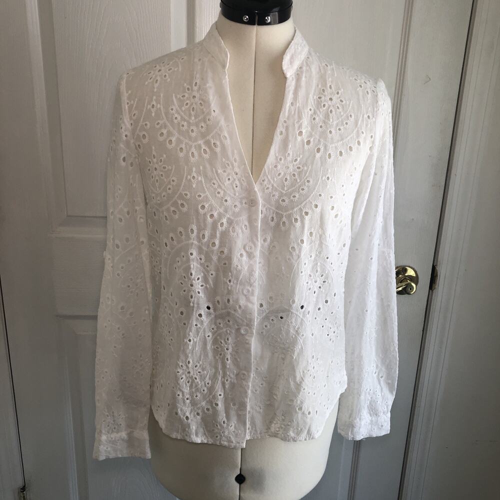 womens eyelet embroidered blouse sz SM semi sheer long sleeve boho cottagecore